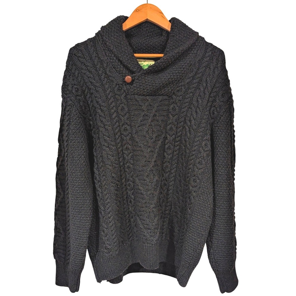 Shades of Aran Sweater L Navy Blue Merino Wool Cable Knit Shawl Collar Irish
